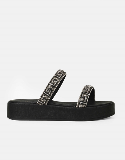 Εικόνα της Δερμάτινα flatfοrms Ελληνικής κατασκευής με λουράκια μαίανδρο Μαύρο