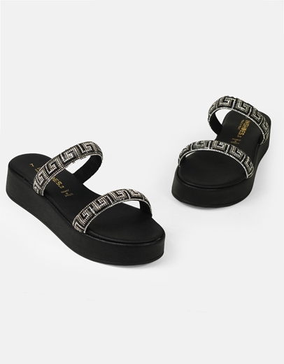 Εικόνα της Δερμάτινα flatfοrms Ελληνικής κατασκευής με λουράκια μαίανδρο Μαύρο