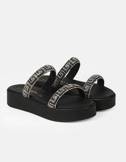 Εικόνα της Δερμάτινα flatfοrms Ελληνικής κατασκευής με λουράκια μαίανδρο Μαύρο