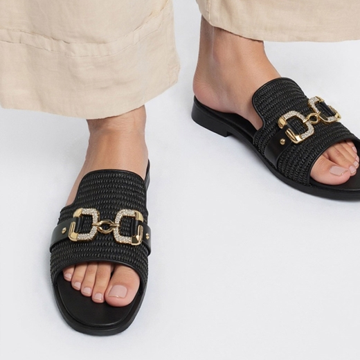 Εικόνα της Δερμάτινα σανδάλια Ελληνικής Κατασκευής με ψάθινη φάσα Μαύρο