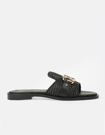 Εικόνα της Δερμάτινα σανδάλια Ελληνικής Κατασκευής με ψάθινη φάσα Μαύρο