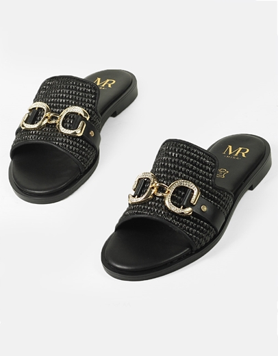 Εικόνα της Δερμάτινα σανδάλια Ελληνικής Κατασκευής με ψάθινη φάσα Μαύρο