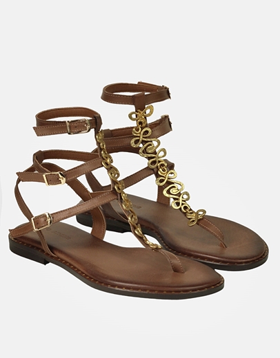 Εικόνα της Δερμάτινα φλατ σανδάλια Ελληνικής Κατασκευής με μεταλλικό στοιχείο Καφέ