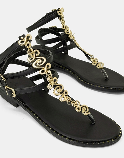 Εικόνα της Δερμάτινα φλατ σανδάλια Ελληνικής Κατασκευής με μεταλλικό στοιχείο Μαύρο