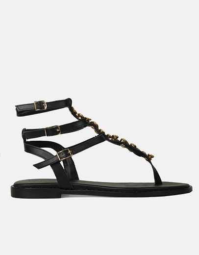 Εικόνα της Δερμάτινα φλατ σανδάλια Ελληνικής Κατασκευής με μεταλλικό στοιχείο Μαύρο
