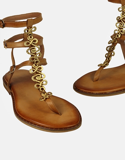 Εικόνα της Δερμάτινα φλατ σανδάλια Ελληνικής Κατασκευής με μεταλλικό στοιχείο Ταμπά