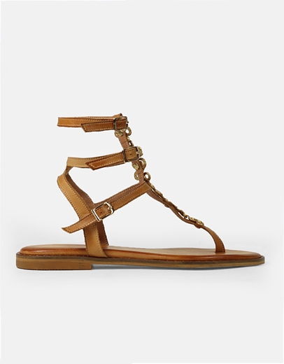 Εικόνα της Δερμάτινα φλατ σανδάλια Ελληνικής Κατασκευής με μεταλλικό στοιχείο Ταμπά