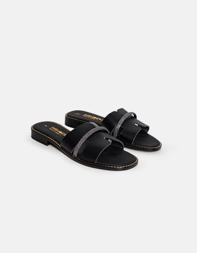 Εικόνα της Δερμάτινα σανδάλια Ελληνικής κατασκευής διακοσμημένα με strass Μαύρο