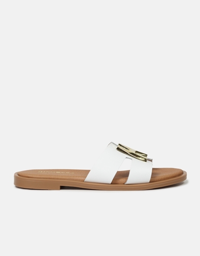 Εικόνα της Δερμάτινα σανδάλια Ελληνικής κατασκευής με μεταλλική αγκράφα Λευκό