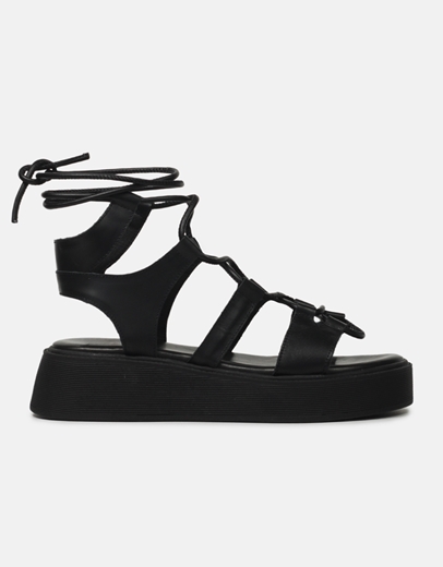 Εικόνα της Δερμάτινα lace up flatforms Ελληνικής κατασκευής Μαύρο