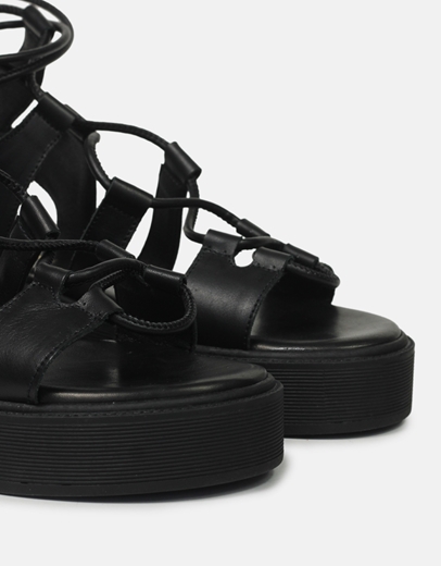 Εικόνα της Δερμάτινα lace up flatforms Ελληνικής κατασκευής Μαύρο
