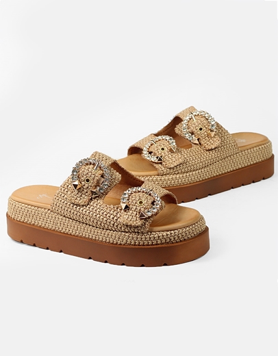 Εικόνα της Δερμάτινα flatforms Ελληνικής κατασκευής με διπλό τοκά strass Ταμπά