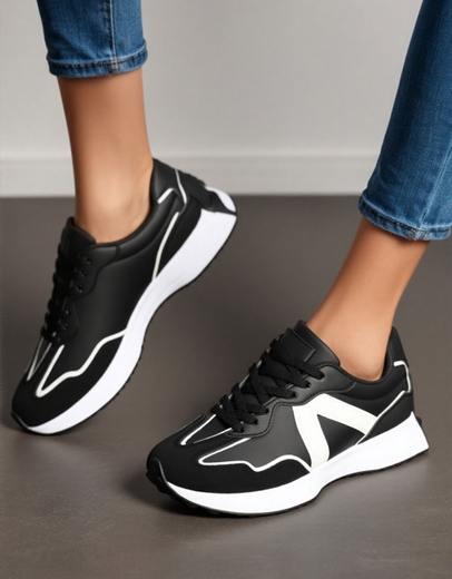 Εικόνα της Γυναικεία sneakers σε απλή γραμμή με σχέδιο στο πλάι Μαύρο