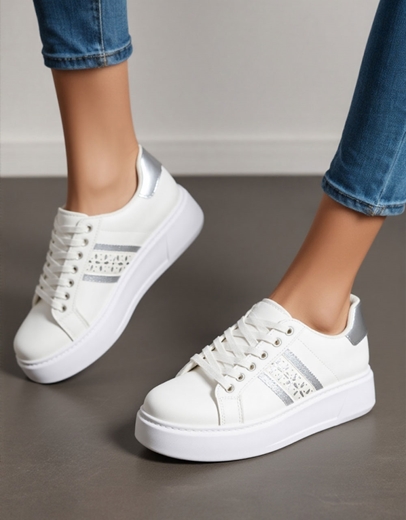 Εικόνα της Γυναικεία sneakers με διπλή σόλα και μοτίβο στο πλάι Λευκό/Ασημί