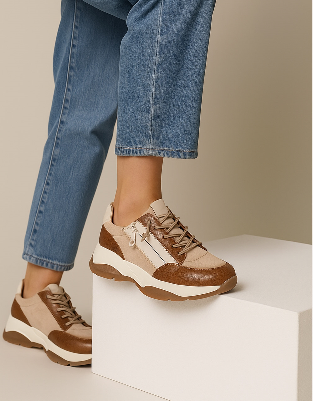 Εικόνα από Γυναικεία sneakers με διπλή σόλα και διακοσμητικό φερμουάρ Καφέ