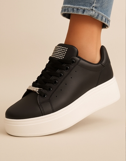 Εικόνα της Sneakers με διπλή σόλα και αγκραφα από strass Μαύρο/Λευκό