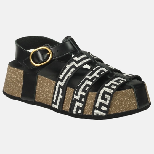 Εικόνα της Δερμάτινα flatform Ελληνικής κατασκευής με Μαίανδρο λουράκια Μαύρο