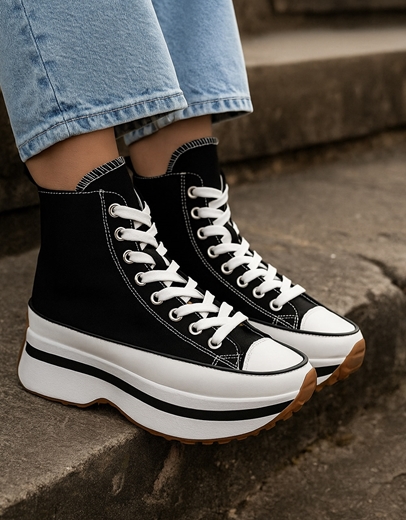 Εικόνα της Δίσολα sneakers μποτάκια υφασμάτινα με print Μαύρο