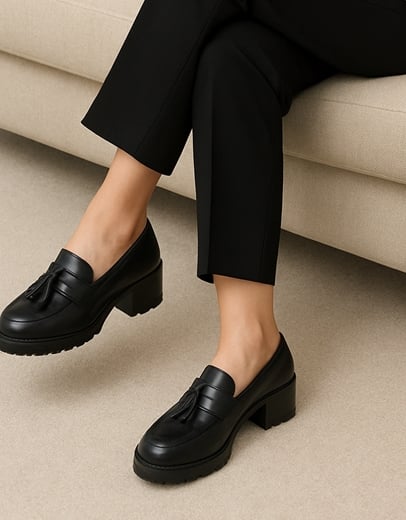 Εικόνα της Loafers μονόχρωμα με διακοσμητικό στοιχείο και καρε τακούνι Μαύρο