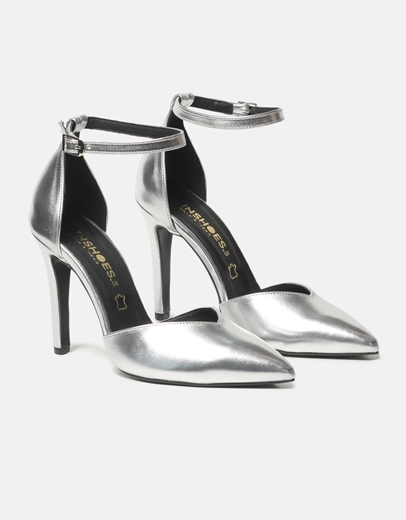 Εικόνα της Μυτερές ψηλοτάκουνες Ελληνικής κατασκευής γόβες με μπαρέτα Ασημί