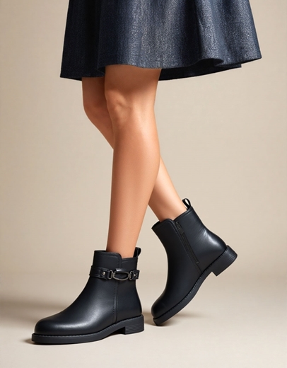 Εικόνα της Γυναικεία μποτάκια flat με διακριτική αγκράφα Μαύρο