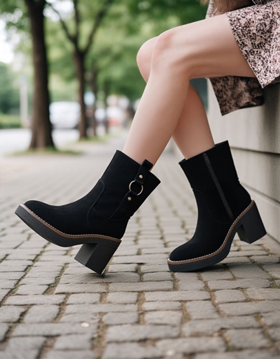 Εικόνα της Γυναικεία μποτάκια suede με διακοσμητικό κρίκο Μαύρο
