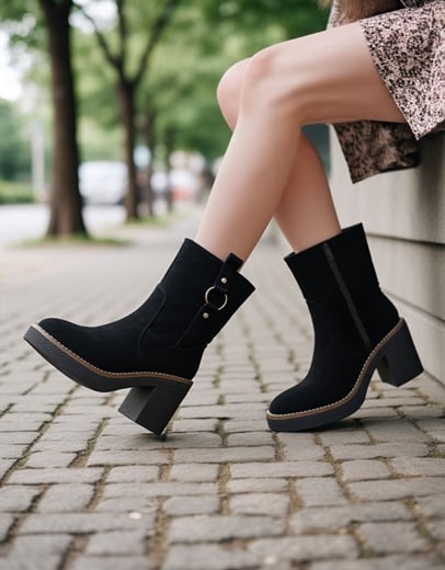 Εικόνα της Γυναικεία μποτάκια suede με διακοσμητικό κρίκο Μαύρο