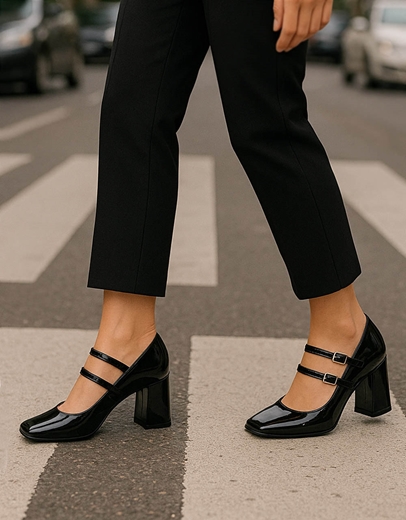 Εικόνα της Λουστρίνι γόβες Ελληνικής κατασκευής με διπλή μπαρέτα Μαύρο