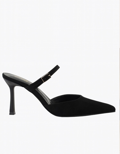 Εικόνα της Δερμάτινα suede mules Ελληνικής κατασκευής σε μυτερή γραμμή Μαύρο