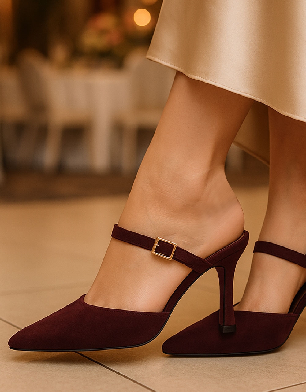 Εικόνα από Suede mules Ελληνικής κατασκευής σε μυτερή γραμμή Μπορντώ