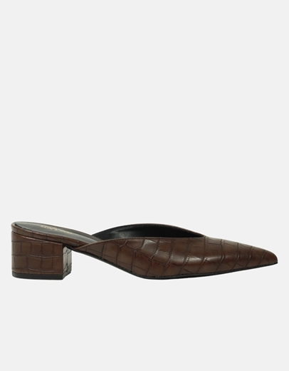 Εικόνα της Mules κροκό Ελληνικής κατασκευής σε μυτερή γραμμή Καφέ