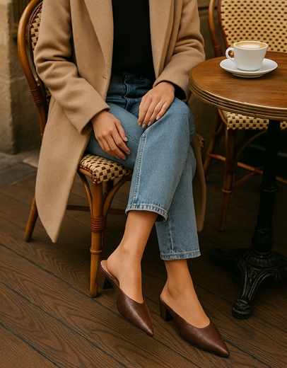 Εικόνα της Δερμάτινα mules Ελληνικής κατασκευής σε μυτερή γραμμή Καφέ