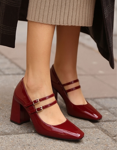 Εικόνα της Λουστρίνι γόβες Ελληνικής κατασκευής με διπλή μπαρέτα Μπορντώ