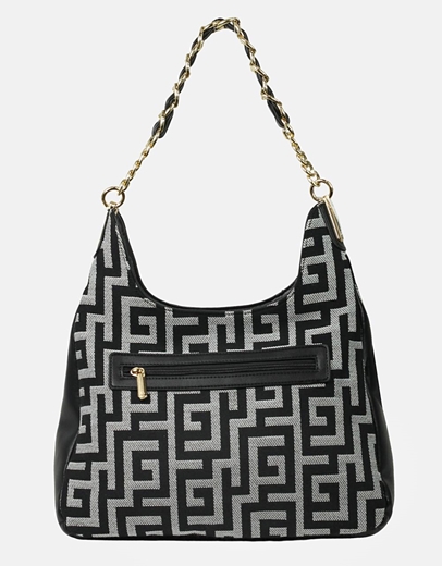Εικόνα της Χειροποίητη τσάντα ώμου με μοτίβο μαιάνδρου και αλυσίδα Μαύρο