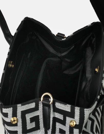 Εικόνα της Xειροποίητη τσάντα χειρός με μοτίβο μαιάνδρου και κλίπ Μαύρο