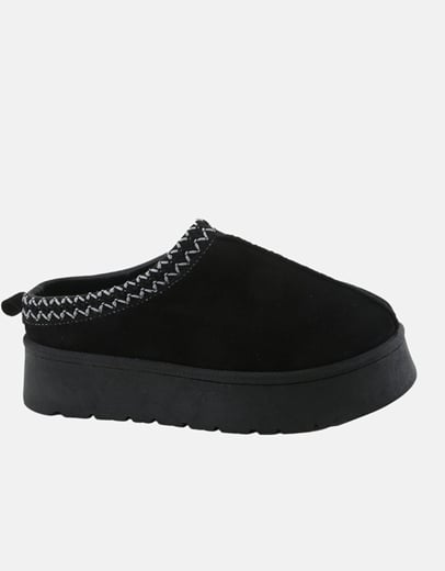 Εικόνα της Suede clogs με διπλή σόλα και γούνινη επένδυση Μαύρο