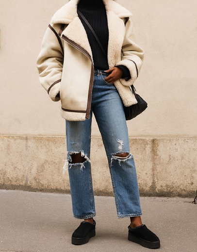 Εικόνα της Suede clogs με διπλή σόλα και γούνινη επένδυση Μαύρο