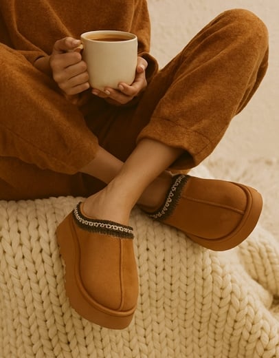 Εικόνα της Suede clogs με διπλή σόλα και γούνινη επένδυση Ταμπά