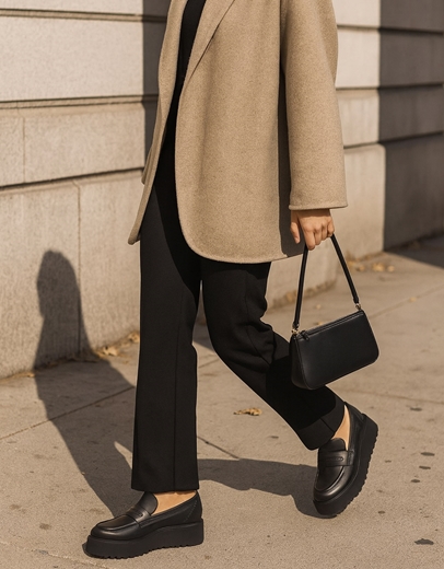 Εικόνα της Γυναικεία μονόχρωμα loafers με διπλή σολά Μαύρο