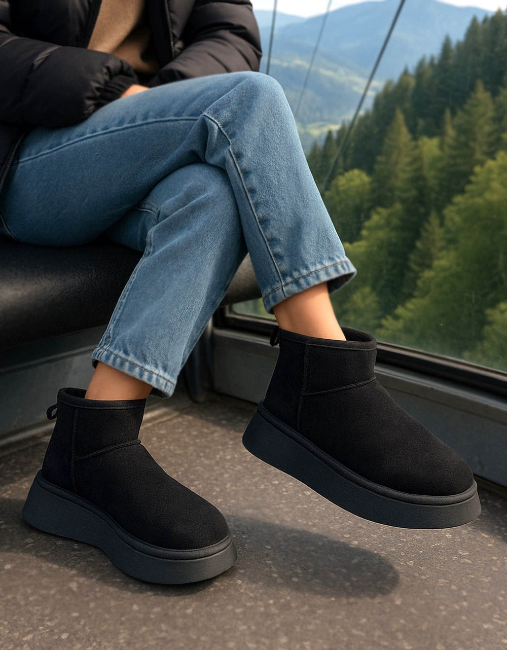 Εικόνα από Δίσολα suede μονόχρωμα μποτάκια αστραγάλου Μαύρο