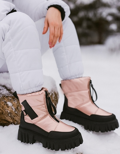 Εικόνα της Γυναικεία μποτάκια με συνδιασμό υλικών και φερμουάρ Μαύρο/Ροζ