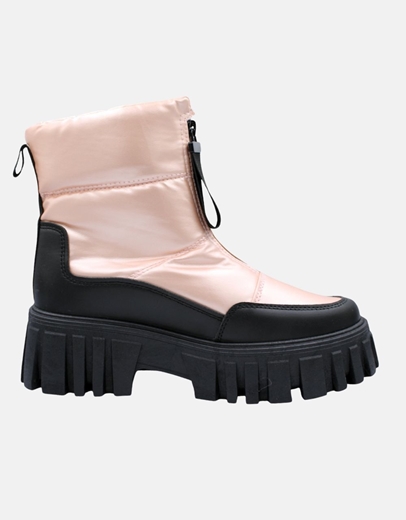 Εικόνα της Γυναικεία μποτάκια με συνδιασμό υλικών και φερμουάρ Μαύρο/Ροζ