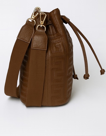 Εικόνα της Χειροποίητη τσάντα ώμου πουγκί μαίανδρος με κλιπ Καφέ