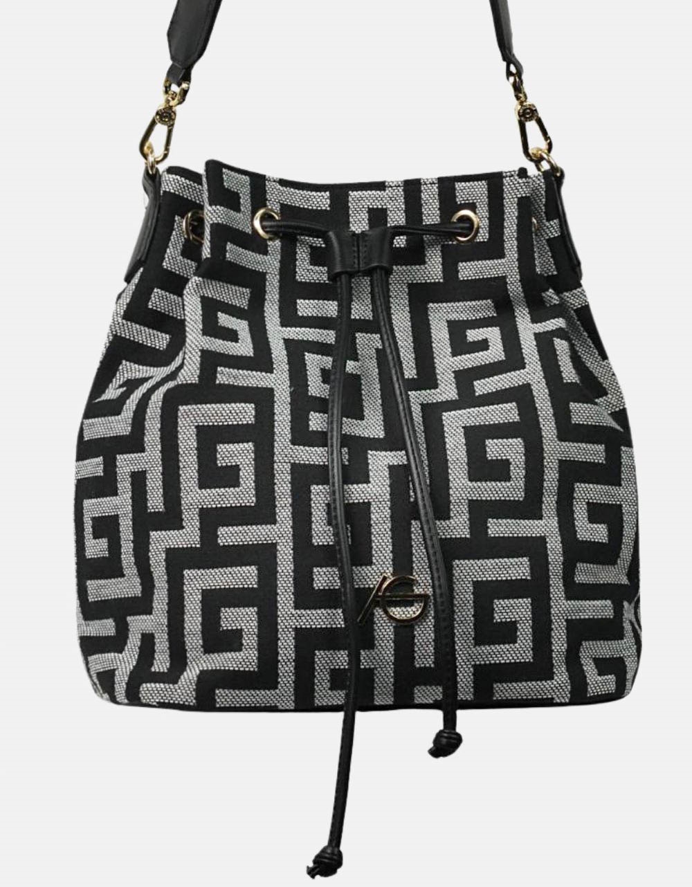 Εικόνα από Χειροποίητη τσάντα ώμου πουγκί μαίανδρος με κλιπ Μαύρο/Λευκό