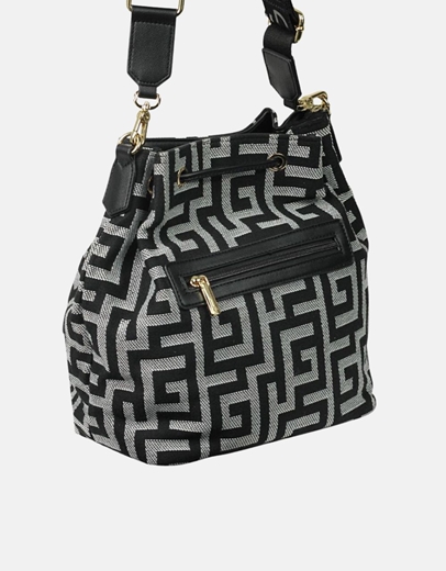 Εικόνα της Χειροποίητη τσάντα ώμου πουγκί μαίανδρος με κλιπ Μαύρο/Λευκό