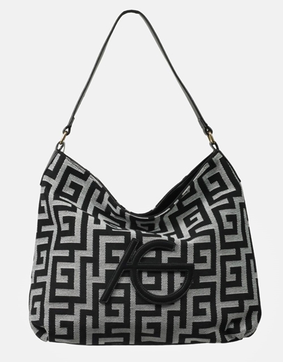 Εικόνα της Χειροποίητη τσάντα ώμου με μοτίβο μαιάνδρου Μαύρο/Λευκό