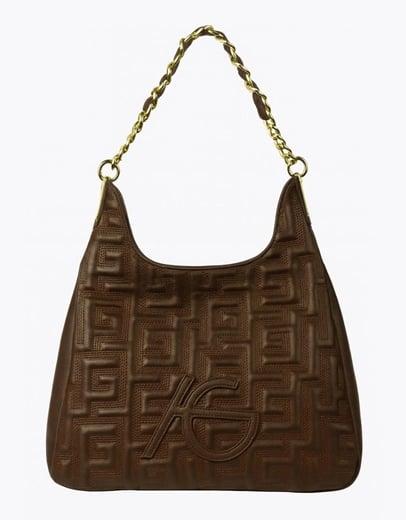 Εικόνα της Χειροποίητη τσάντα ώμου με μοτίβο μαιάνδρου και αλυσίδα Καφέ