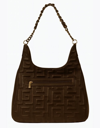 Εικόνα της Χειροποίητη τσάντα ώμου με μοτίβο μαιάνδρου και αλυσίδα Καφέ