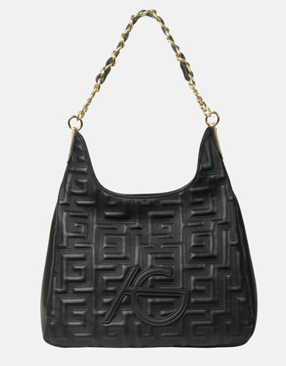 Εικόνα της Χειροποίητη τσάντα ώμου με μοτίβο μαιάνδρου και αλυσίδα Μαύρο