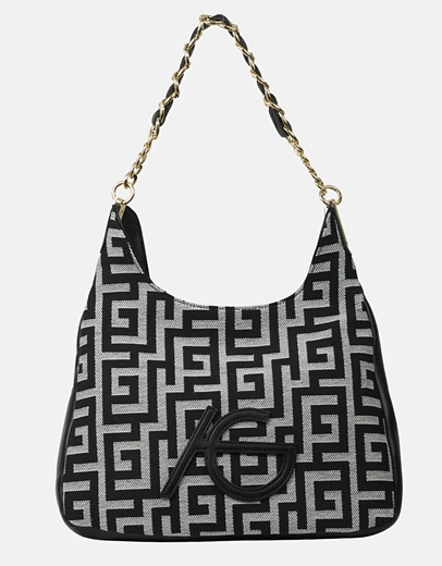 Εικόνα της Χειροποίητη τσάντα ώμου με μοτίβο μαιάνδρου και αλυσίδα Μαύρο/Λευκό